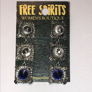 Free Spirit Silver Tone Boho Dangling Blue Clear CZ Rhinestones Earrings